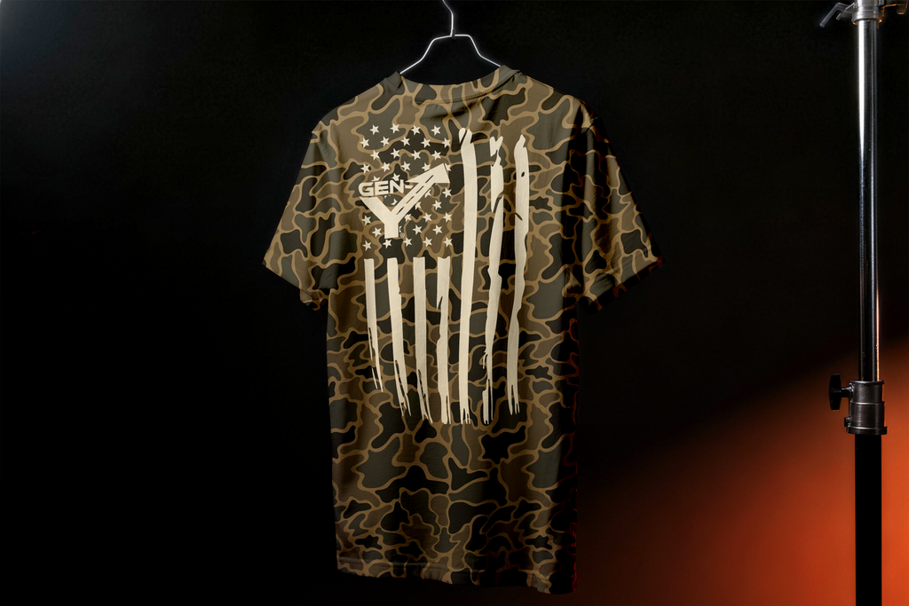 GEN-Y Hitch Camo shirt, back view, lifestyle photo