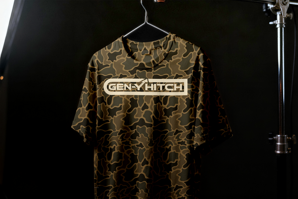 GEN-Y Hitch Camo shirt, front view, lifestyle photo