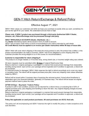 GEN-Y Hitch Return/Exchange & Refund Policy