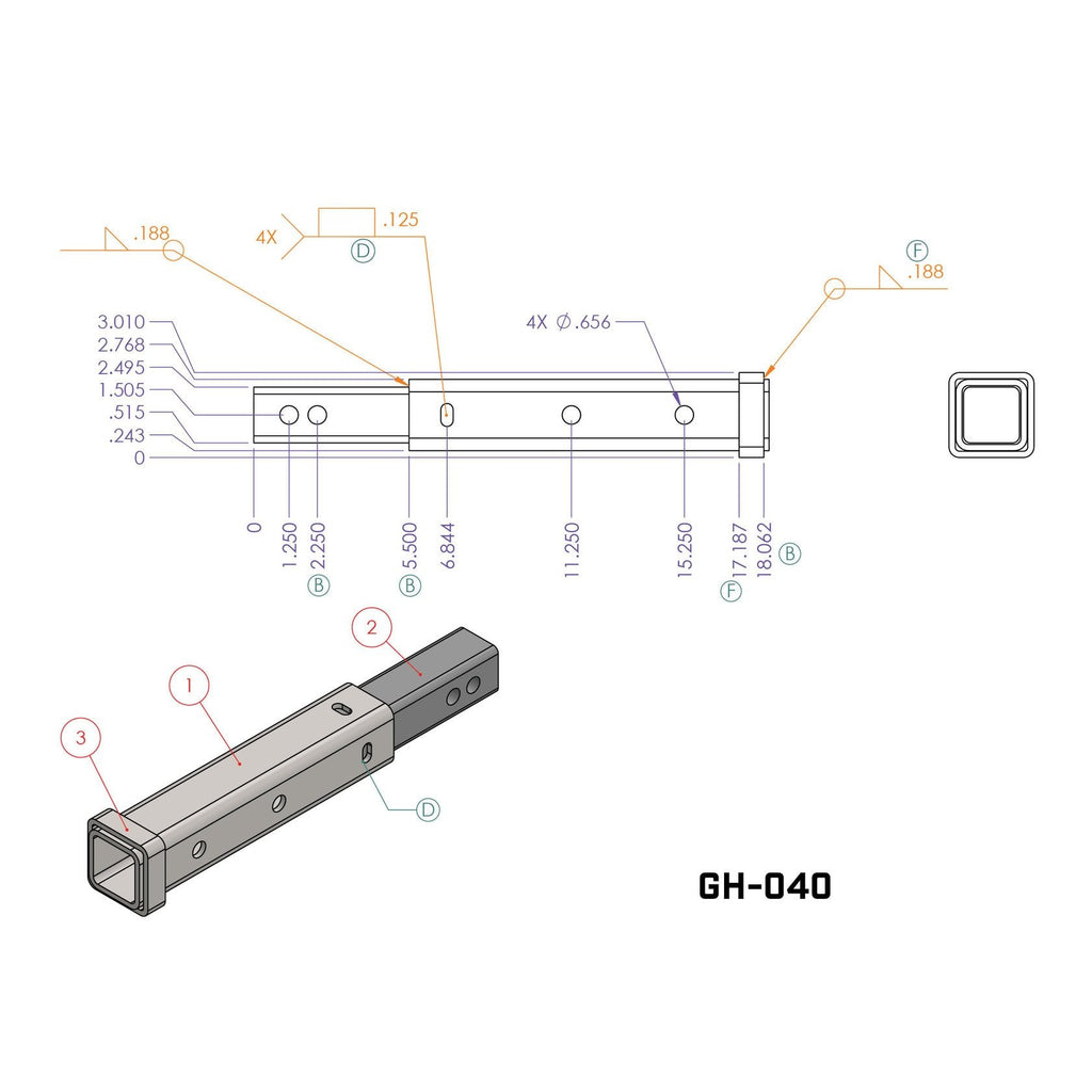 Spec diagram for the GEN-Y Hitch Extender (model GH-040)