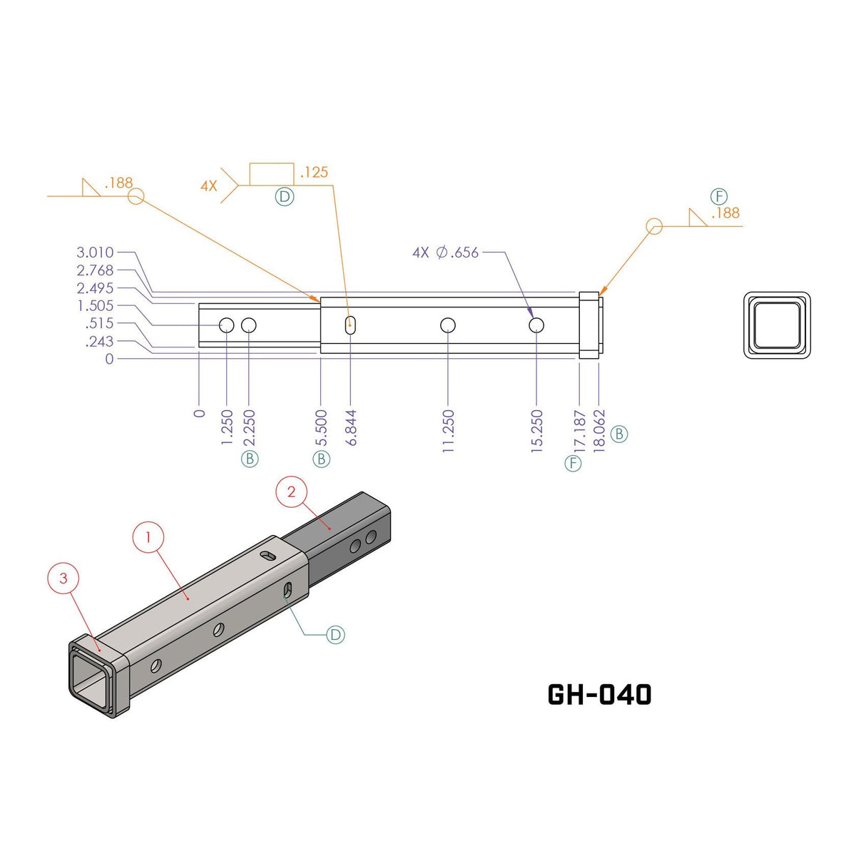 Spec diagram for the GEN-Y Hitch Extender (model GH-040)