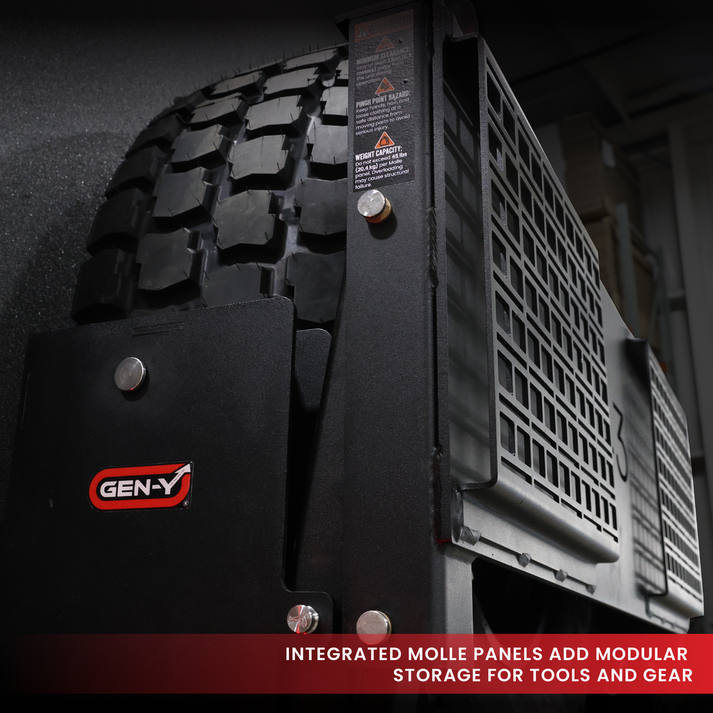 Fitment and compatibility diagram for the GEN-Y VENTURE tire carrier, Grand Design Lineage Model F
