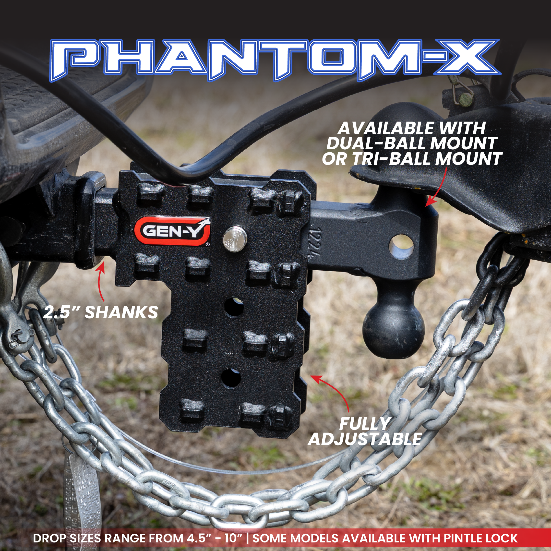 GEN-Y Phantom 2 Hollow Shank Hitch - 5,000 Lb Towing, 500 Lb Tongue Weight, 7" Drop/Rise Range